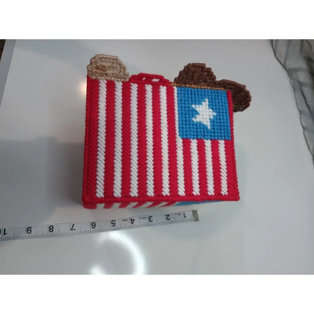 Handmade Needlepoint Plastic Canvas Tissue Box Cover - Patriotic Dog & Sunflower